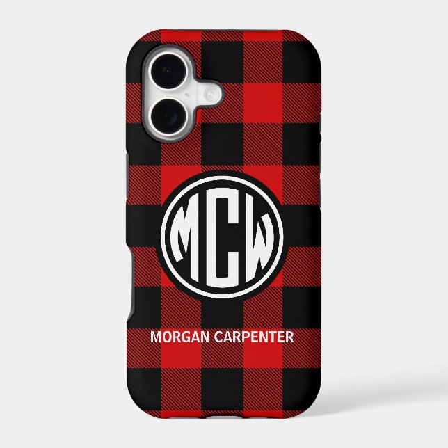 Red Black Wt Circle Monogram Buffalo Plaid DIY BG Case-Mate iPhone Case (Back)