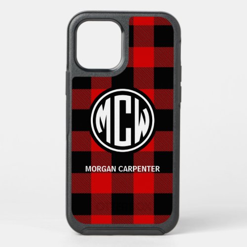 Red Black Wt Circle Monogram Buffalo Plaid DIY BG OtterBox Symmetry iPhone 12 Case