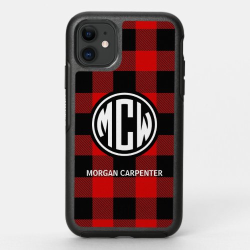 Red Black Wt Circle Monogram Buffalo Plaid DIY BG OtterBox Symmetry iPhone 11 Case