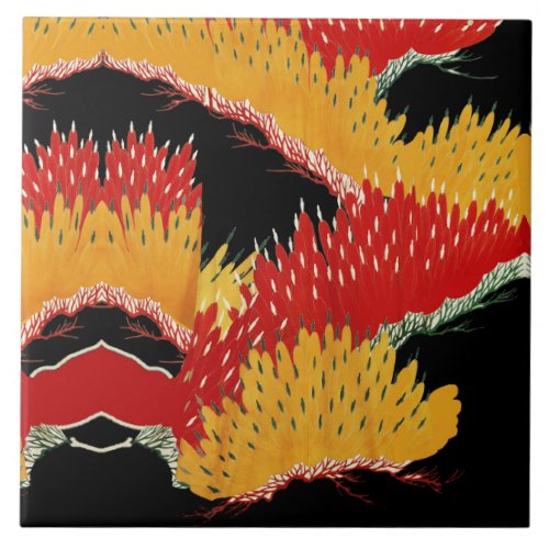 RED BLACK YELLOW ABSTRACT JAPANESE FLORAL CERAMIC TILE