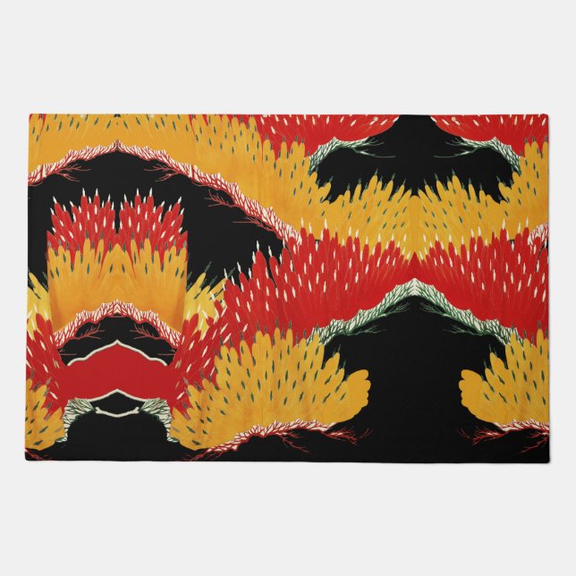 RED BLACK YELLOW ABSTRACT JAPANESE FLORAL DOORMAT (Front)