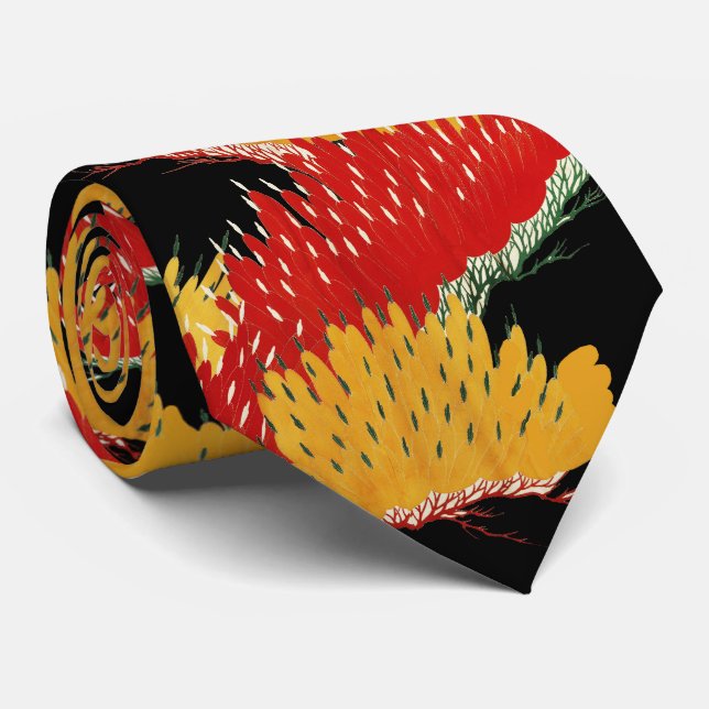 RED BLACK YELLOW ABSTRACT JAPANESE FLORAL NECK TIE (Rolled)
