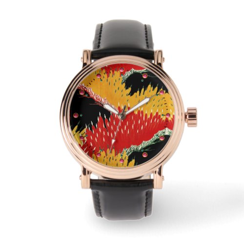RED BLACK YELLOW ABSTRACT JAPANESE FLORAL WATCH