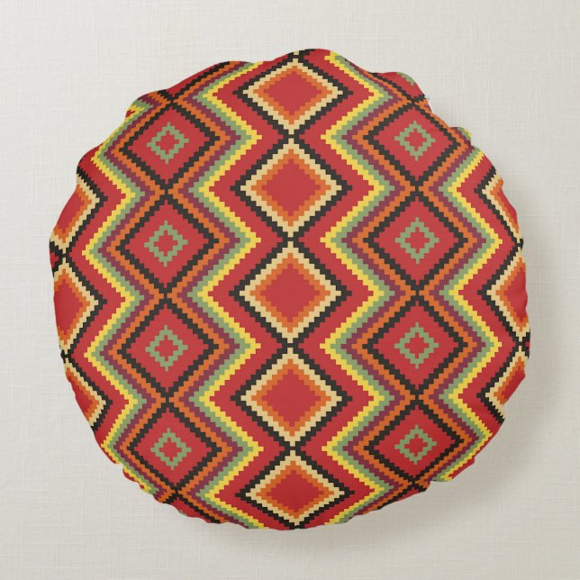 Red Black Yellow Native American Blanket Pattern Round Pillow (Back)