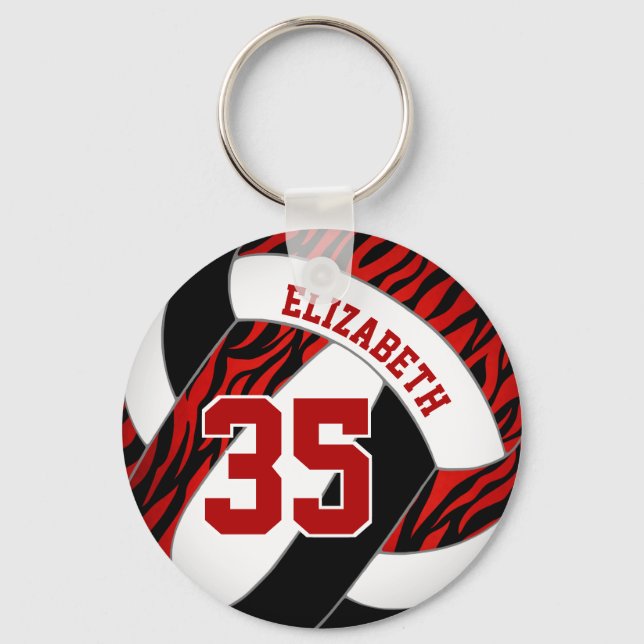 red black zebra stripes accent girls volleyball keychain (Front)