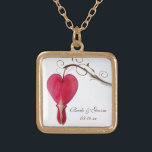 Red Bleeding Heart Flower Wedding Gold Plated Necklace<br><div class="desc">The elegant Red Bleeding Heart Flower Wedding Pendant Necklace makes a unique personalized keepsake gift for the bride or her bridesmaids and bridal party. This classy custom flowery nuptial necklace features a close up floral photograph of a red bleeding heart flower blossom, or dicentra, on the stem on a white...</div>