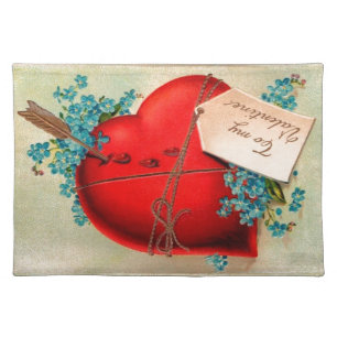 Red Bleeding Heart Valentine Antique Postcard Cloth Placemat