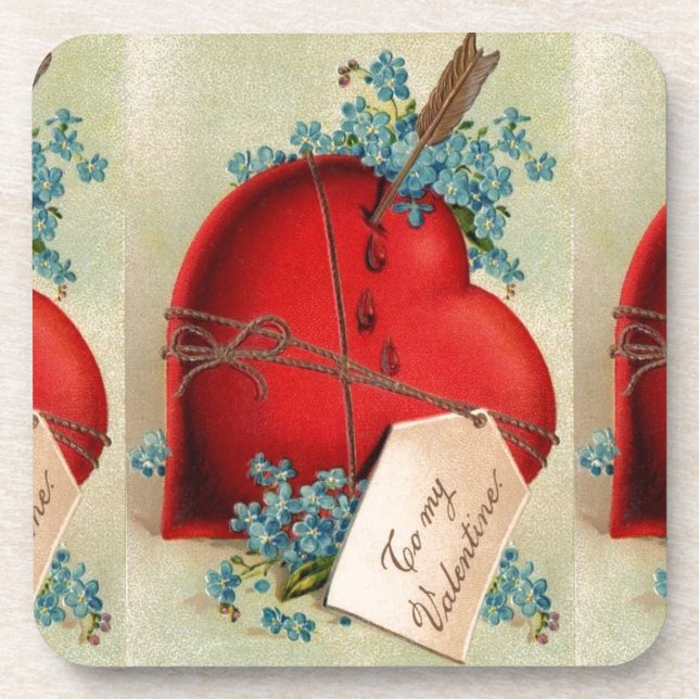 Red Bleeding Heart Valentine Antique Postcard Coaster (Front)