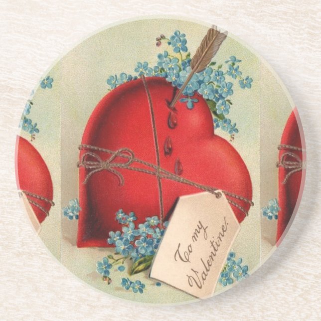 Red Bleeding Heart Valentine Antique Postcard Drink Coaster (Front)