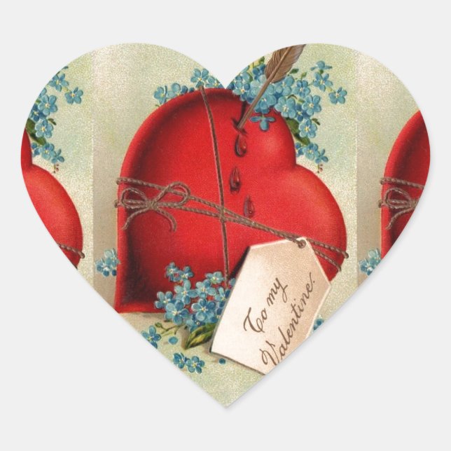 Red Bleeding Heart Valentine Antique Postcard Heart Sticker (Front)