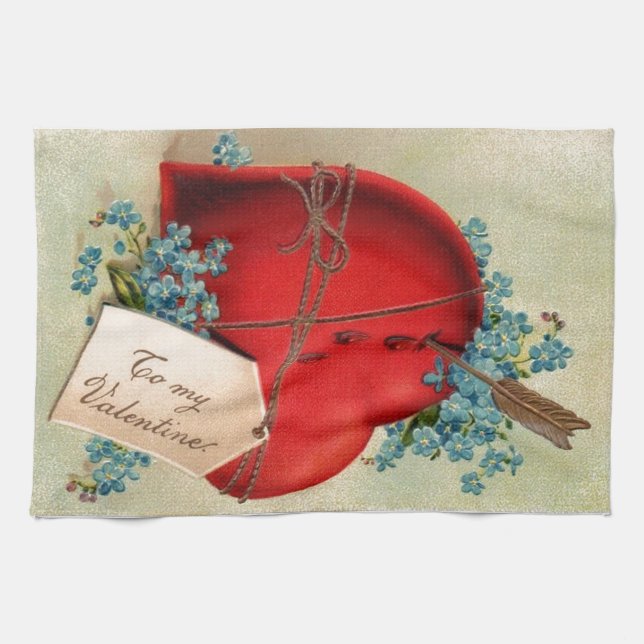 Red Bleeding Heart Valentine Antique Postcard Kitchen Towel (Horizontal)