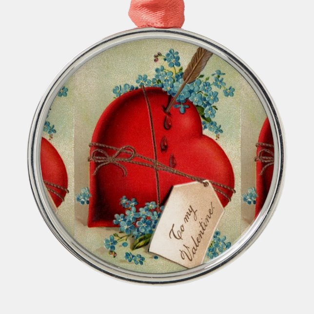 Red Bleeding Heart Valentine Antique Postcard Metal Ornament (Front)