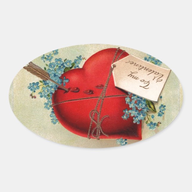 Red Bleeding Heart Valentine Antique Postcard Oval Sticker (Front)