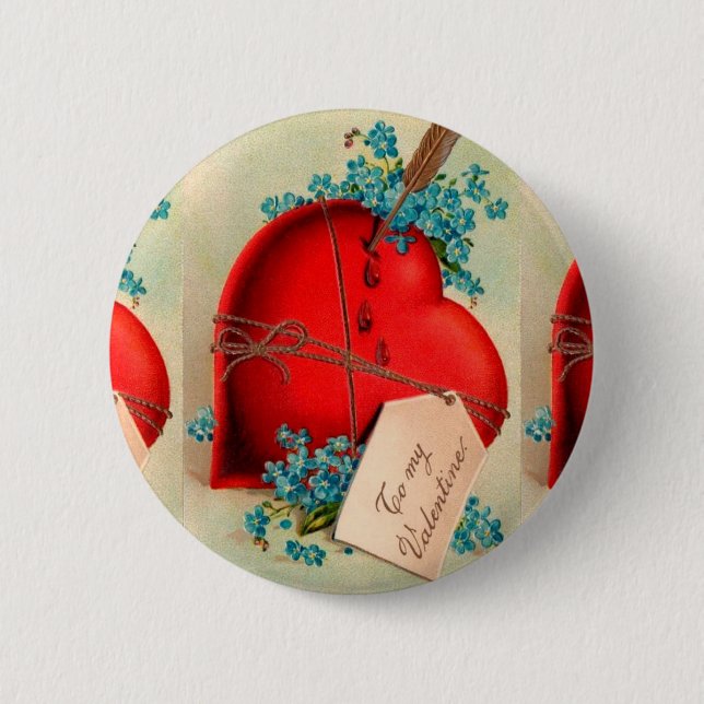 Red Bleeding Heart Valentine Antique Postcard Pinback Button (Front)