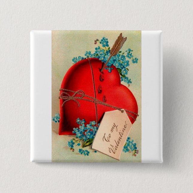 Red Bleeding Heart Valentine Antique Postcard Pinback Button (Front)