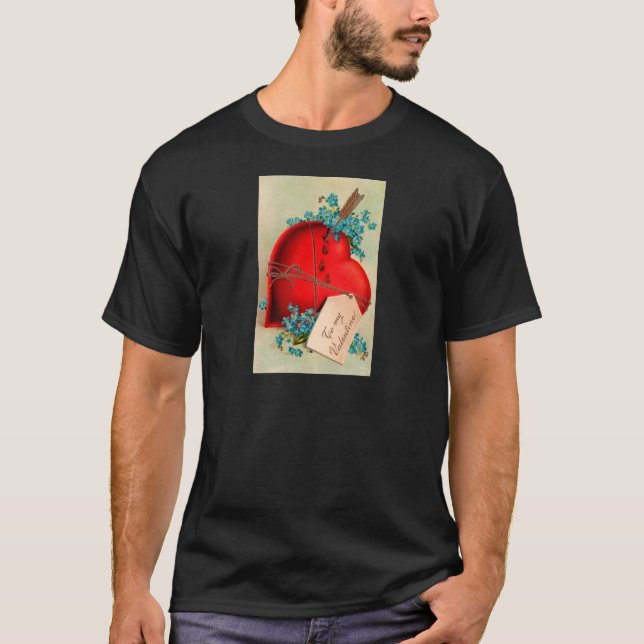 Red Bleeding Heart Valentine Antique Postcard T-Shirt (Front)