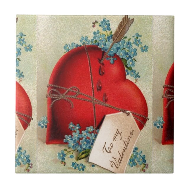 Red Bleeding Heart Valentine Antique Postcard Tile (Front)