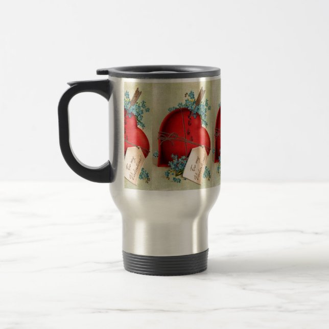 Red Bleeding Heart Valentine Antique Postcard Travel Mug (Left)