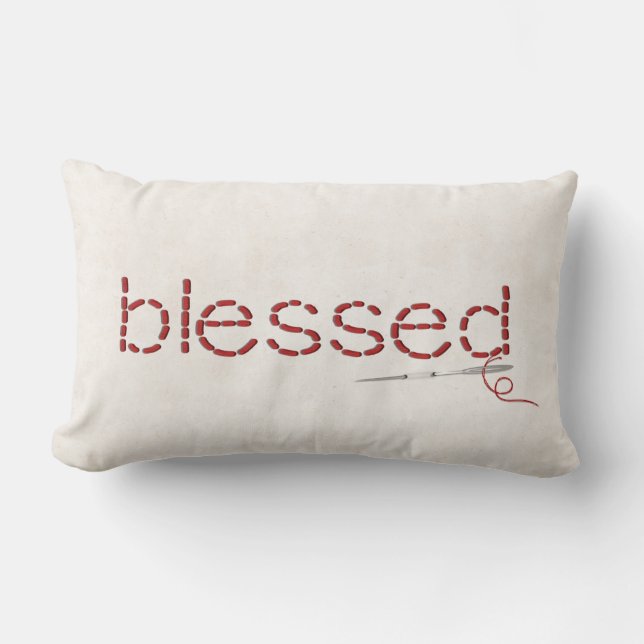 red BLESSED text stitch with needle Lumbar Pillow (Front)