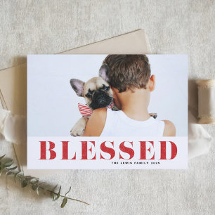 Red Blessed Typography Photo Christmas Holiday Card