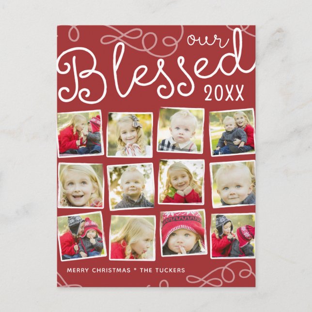 Red Blessed Year Review Christmas Photo Collage Announcement Postcard (Front)