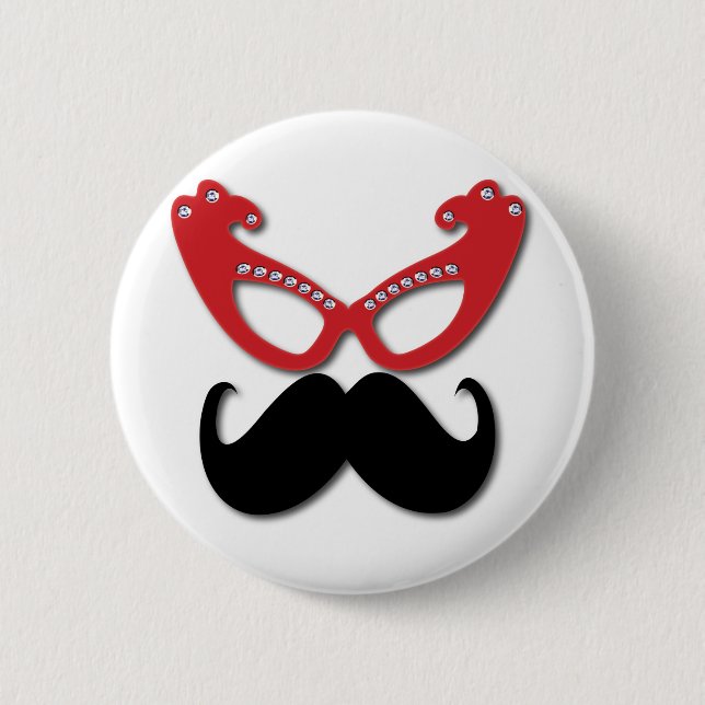 red bling glasses with mustache pinback button (Front)