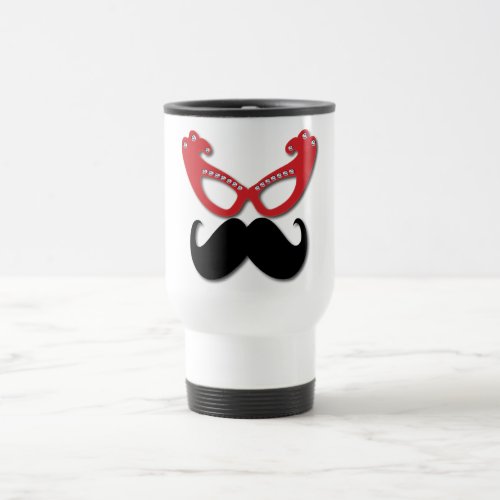red bling glasses with mustache travel mug
