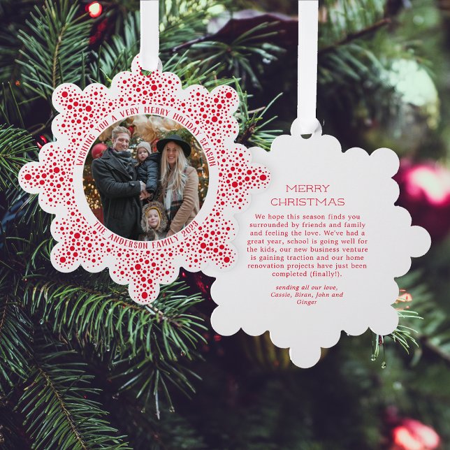 Red Blizzard Dots Snowy Photo Holiday Christmas Ornament Card (Creator Uploaded)