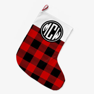 Red Blk Buffalo Check Circle Monogram Font DIY BG Large Christmas Stocking