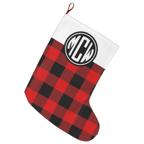 Red Blk Buffalo Check Circle Monogram Font DIY BG Large Christmas Stocking