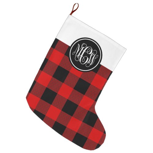 Red Blk Buffalo Plaid Wt Vine Monogram Font DIY BG Large Christmas Stocking