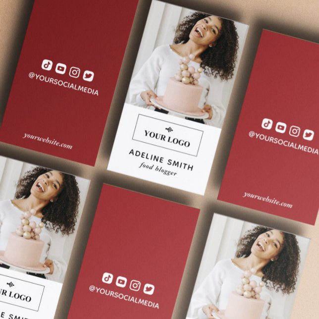 Red Blogger Influencer Social Media Photo & Logo Business Card (Creator Uploaded)