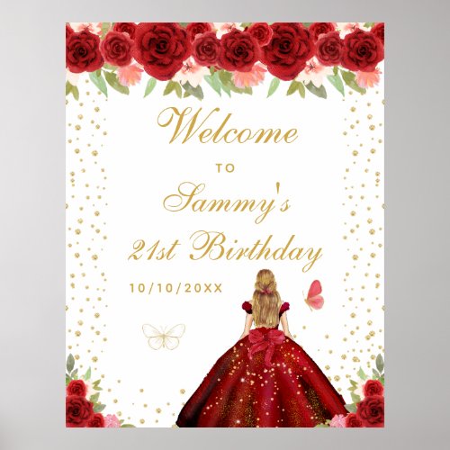 Red Blonde Hair Girl Birthday Party Welcome Poster