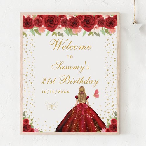 Red Blonde Hair Girl Birthday Party Welcome Poster