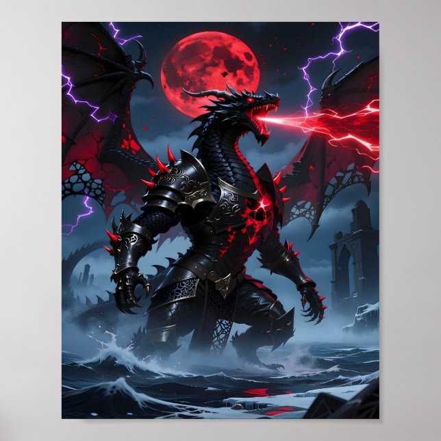 Red Blood Moon Armored Black Dragon Fantasy Poster (Front)