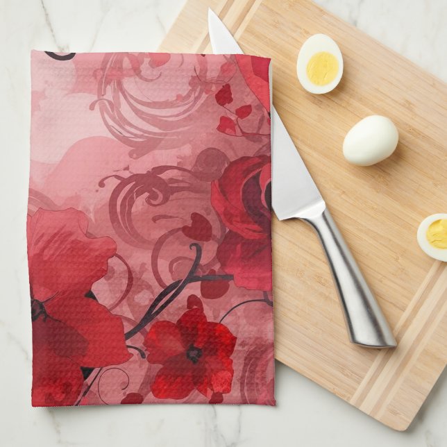 Red Bloom Symphony Kitchen Towel (Quarter Fold)