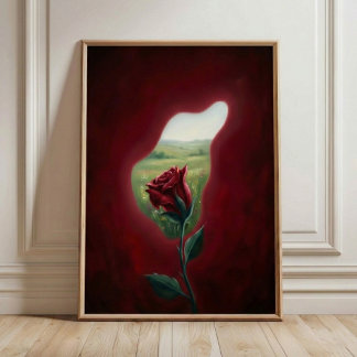 Red Bloom Window – Surreal Floral Wall Art Print