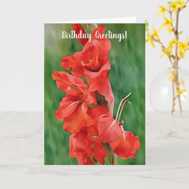 Red Blooming Gladiolus Flowers Art Birthday Card (Yellow Flower)