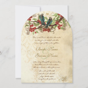 Red Blooms Teal Vintage Love Birds Wedding Invitation