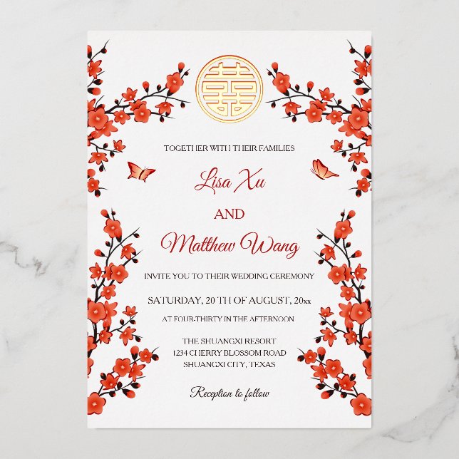 Red Blossom | Chinese Wedding Foil Invitation (Front)