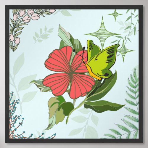 Red Blossom &amp; Emerald Butterfly Framed Art