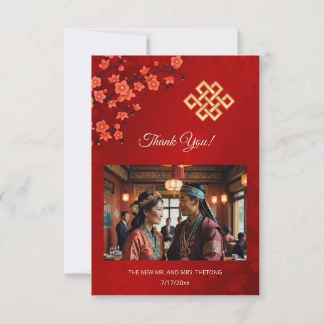 Red Blossom Endless Knot Photo Tibetan Wedding Thank You Card (Front)