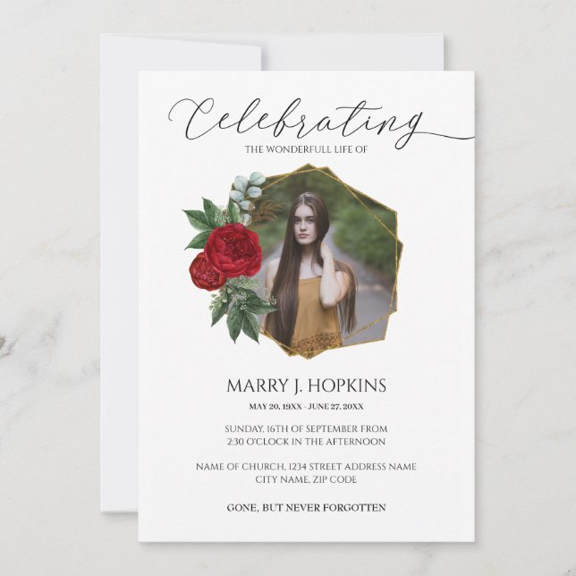 Red Blossom Photo Celebration of Life Invitation (Front)