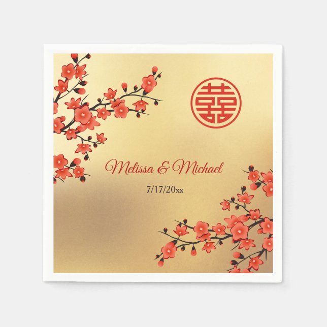   Red Blossoms Gold Chinese Wedding Custom Napkins (Front)