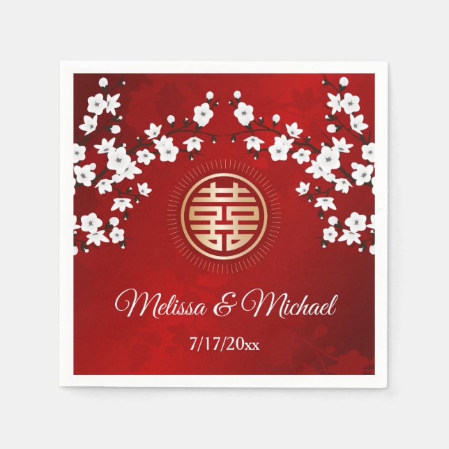   Red Blossoms Gold Chinese Wedding Custom  Napkins (Front)