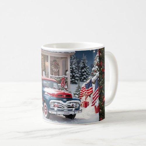 Red  Blue 1950s American Christmas Truck Coffee Mug