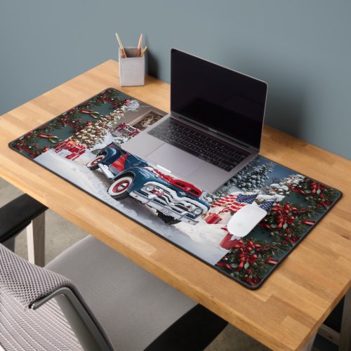 Red  Blue 1950s American Christmas Truck Desk Mat