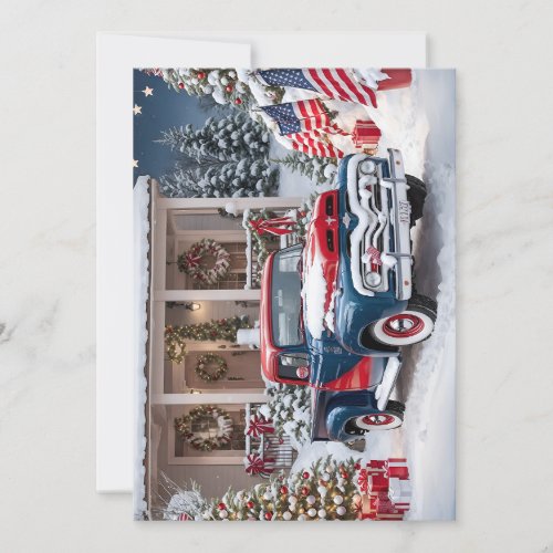 Red  Blue 1950s American Christmas Truck Holiday Card