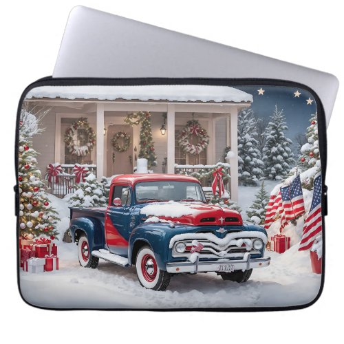 Red  Blue 1950s American Christmas Truck Laptop Sleeve