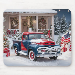 Red & Blue 1950's American Christmas Truck Mouse Pad